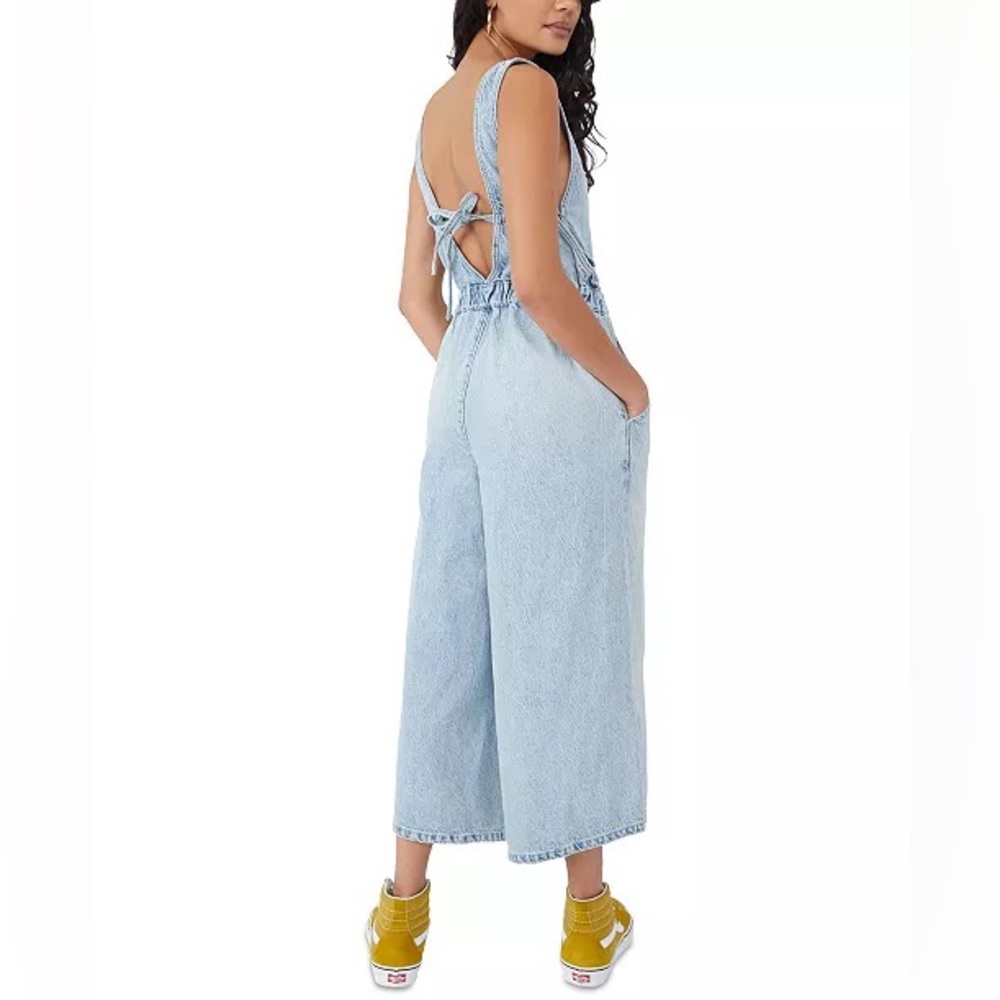 Free People Alora Light Wash Denim Tie-Back Culotte Jumpsuit